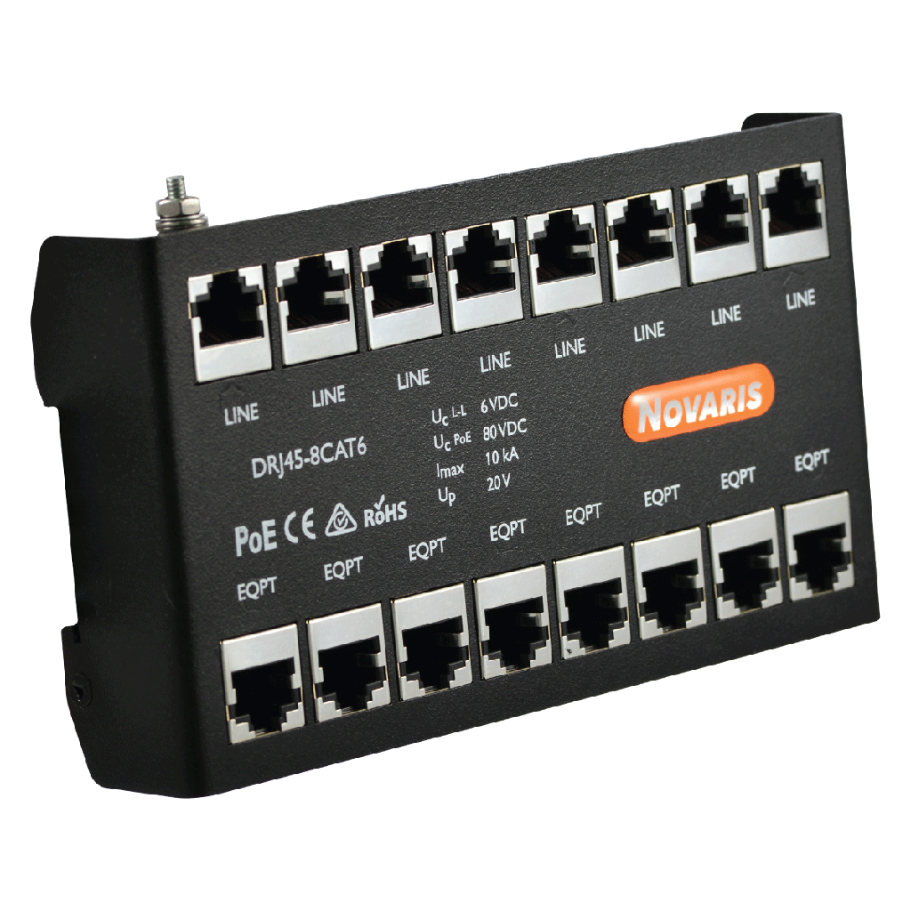 8 Port, RJ45 Connectors, CAT6 and POE DIN Rail Mount, Front Connect
